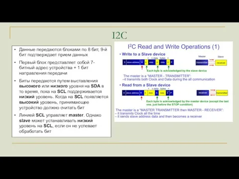 I2C Данные передаются блоками по 8 бит, 9-й бит подтверждает прием данных