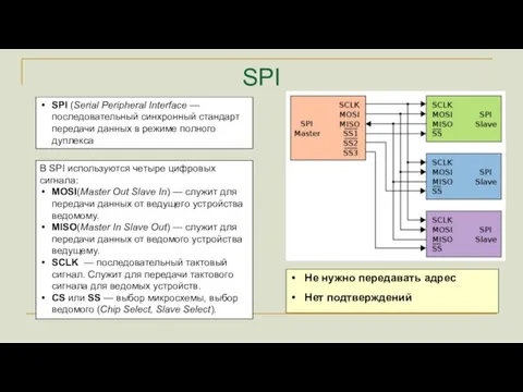 SPI SPI (Serial Peripheral Interface — последовательный синхронный стандарт передачи данных в