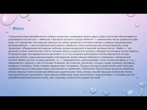 Мейоз Сохранение видоспецифического набора хромосом у индивидов одного вида в ряду поколений