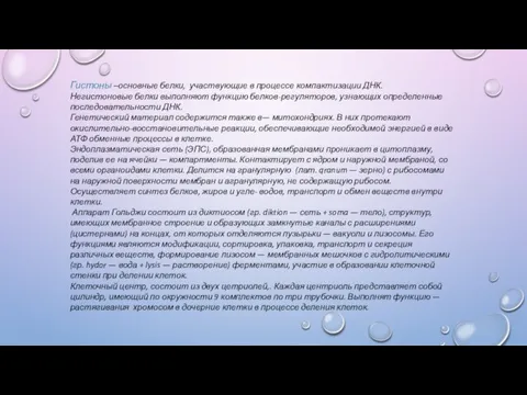 Гистоны –основные белки, участвующие в процессе компактизации ДНК. Негистоновые белки выполняют функцию