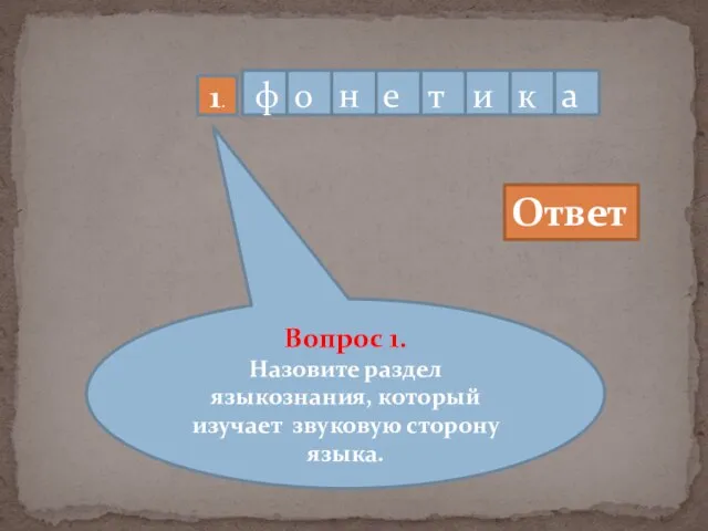 1. Вопрос 1. Назовите раздел языкознания, который изучает звуковую сторону языка. Ответ