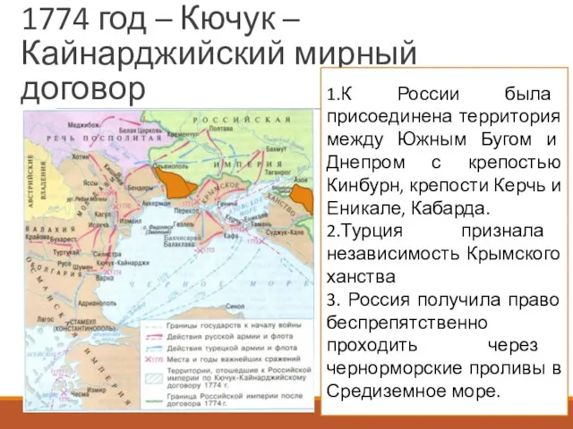 1774 год – Кючук – Кайнарджийский мирный договор 1.К России была присоединена