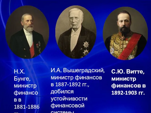 Н.Х. Бунге, министр финансов в 1881-1886 гг. И.А. Вышеградский, министр финансов в