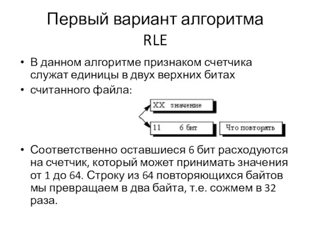 Первый вариант алгоритма RLE В данном алгоритме признаком счетчика служат единицы в
