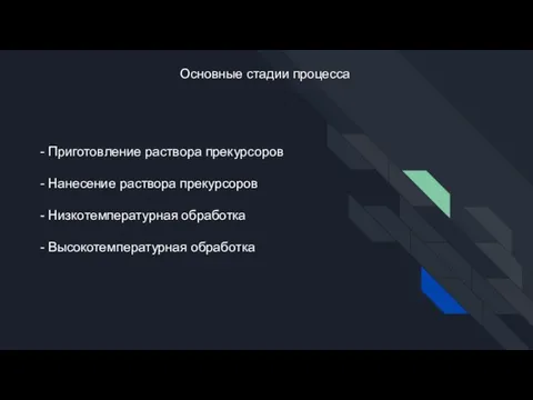 - Приготовление раствора прекурсоров - Нанесение раствора прекурсоров - Низкотемпературная обработка -