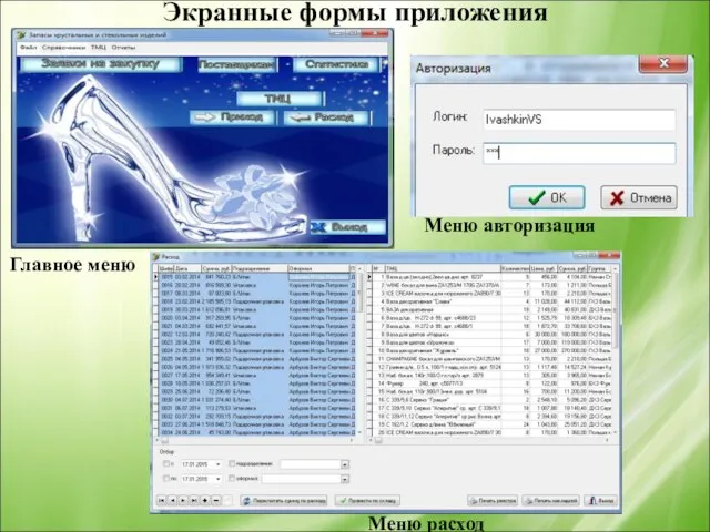 Экранные формы приложения Главное меню Меню расход Меню авторизация
