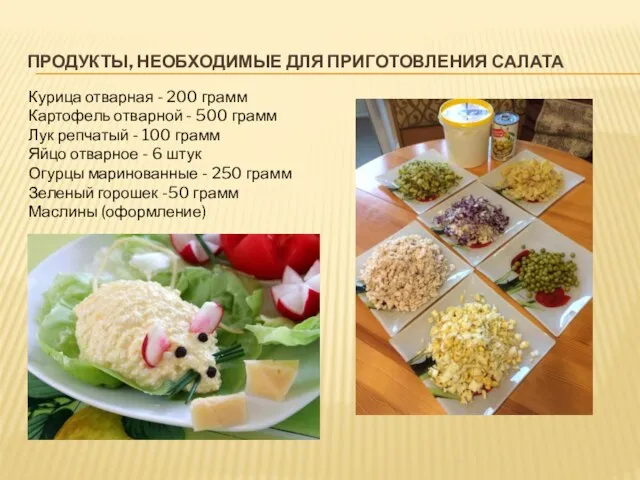 ПРОДУКТЫ, НЕОБХОДИМЫЕ ДЛЯ ПРИГОТОВЛЕНИЯ САЛАТА Курица отварная - 200 грамм Картофель отварной