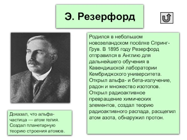 Э. Резерфорд Родился в небольшом новозеландском посёлке Спринг-Грув. В 1895 году Резерфорд