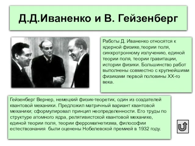 Д.Д.Иваненко и В. Гейзенберг Работы Д. Иваненко относятся к ядерной физике,теории поля,