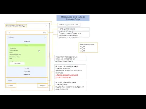 Модальное окно выбора Клиента/Лида Тайтл модального окна Поле для поиска по клиентам/лидам