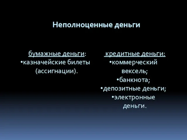 Неполноценные деньги бумажные деньги: казначейские билеты (ассигнации). бумажные деньги: - казначейские билеты