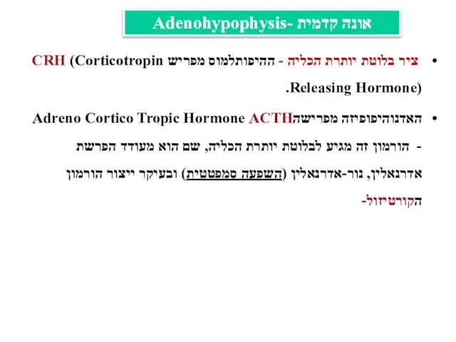 ציר בלוטת יותרת הכליה - ההיפותלמוס מפריש CRH (Corticotropin Releasing Hormone). האדנוהיפופיזה