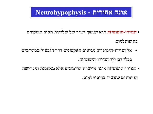 הנוירו-היפופיזה היא המשך ישיר של שלוחות תאים שמקורם בהיפותלמוס. אל הנוירו-היפופיזה מגיעים