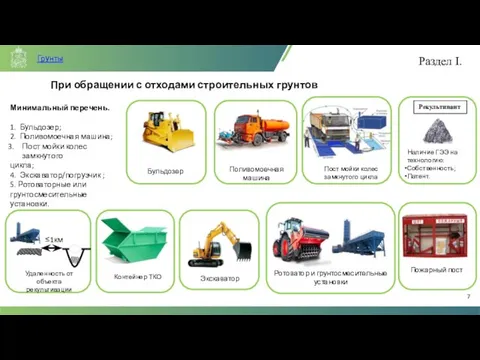 При обращении с отходами строительных грунтов Минимальный перечень. 1. Бульдозер; 2. Поливомоечная