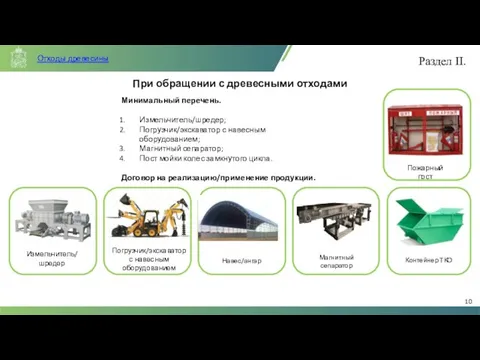 При обращении с древесными отходами Минимальный перечень. Измельчитель/шредер; Погрузчик/экскаватор с навесным оборудованием;