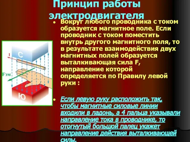 Принцип работы электродвигателя Вокруг любого проводника с током образуется магнитное поле. Если