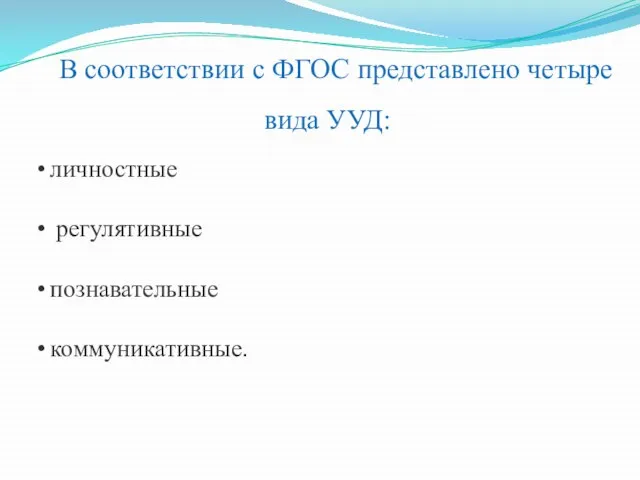 В соответствии с ФГОС представлено четыре вида УУД: личностные регулятивные познавательные коммуникативные.