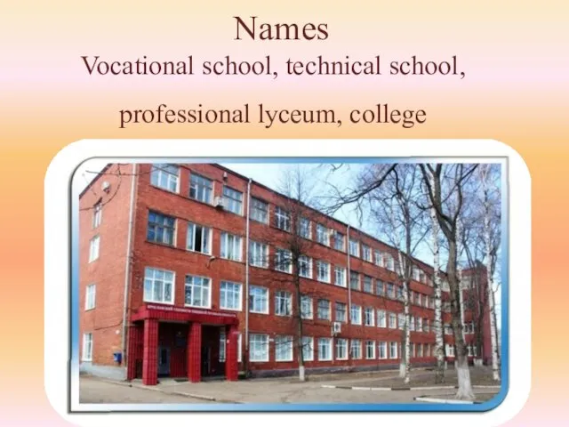 Names Vocational school, technical school, professional lyceum, college