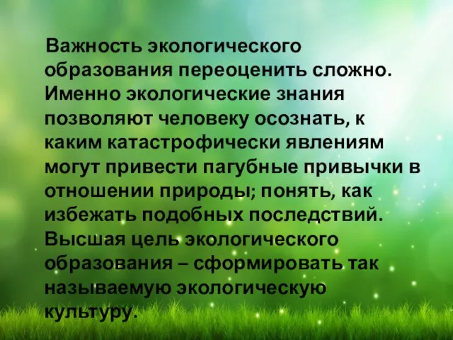 Важность экологического образования переоценить сложно. Именно экологические знания позволяют человеку осознать, к