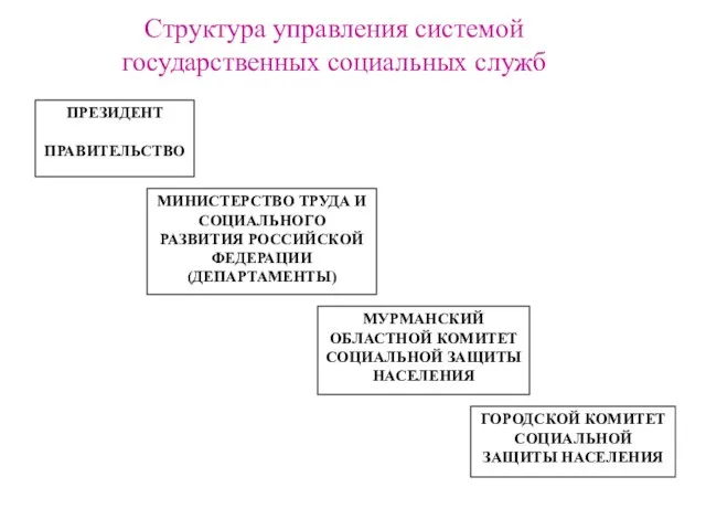 Структура управления системой государственных социальных служб ПРЕЗИДЕНТ ПРАВИТЕЛЬСТВО МИНИСТЕРСТВО ТРУДА И СОЦИАЛЬНОГО