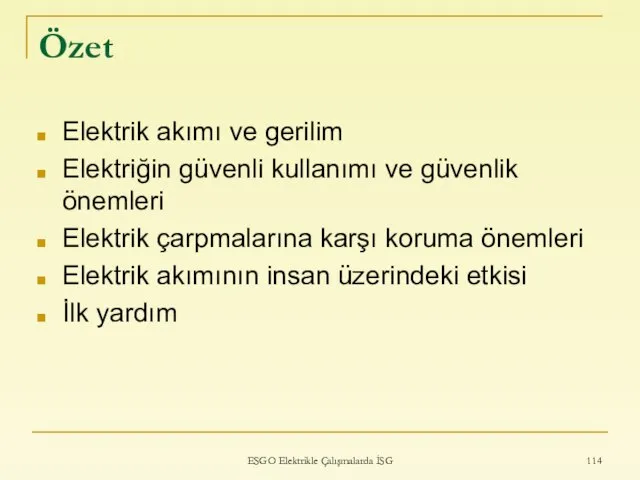 Özet Elektrik akımı ve gerilim Elektriğin güvenli kullanımı ve güvenlik önemleri Elektrik