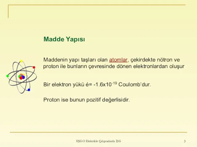 ESGO Elektrikle Çalışmalarda İSG Madde Yapısı Maddenin yapı taşları olan atomlar, çekirdekte