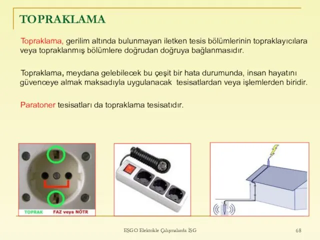 ESGO Elektrikle Çalışmalarda İSG TOPRAKLAMA Topraklama, gerilim altında bulunmayan iletken tesis bölümlerinin