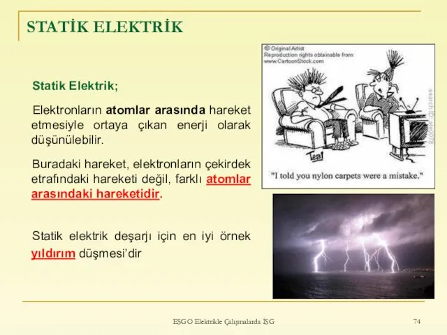 ESGO Elektrikle Çalışmalarda İSG STATİK ELEKTRİK Statik Elektrik; Elektronların atomlar arasında hareket