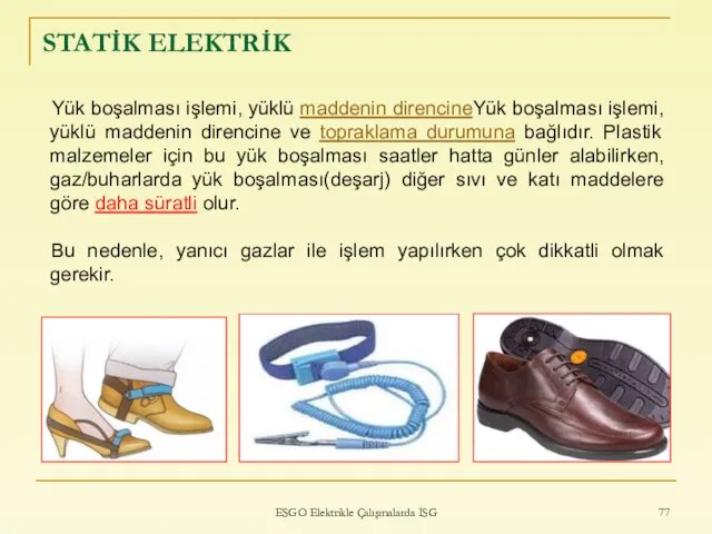 ESGO Elektrikle Çalışmalarda İSG STATİK ELEKTRİK Yük boşalması işlemi, yüklü maddenin direncineYük