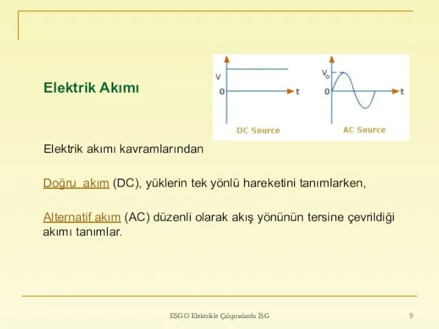 ESGO Elektrikle Çalışmalarda İSG Elektrik Akımı Elektrik akımı kavramlarından Doğru akım (DC),