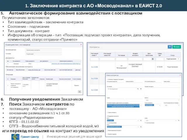 1. Заключение контракта с АО «Мосводоканал» в ЕАИСТ 2.0 Автоматическое формирование взаимодействия