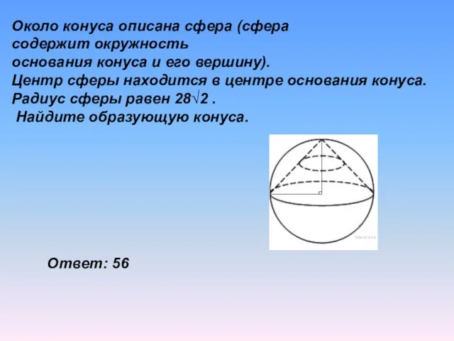 Около конуса описана сфера (сфера содержит окружность основания конуса и его вершину).