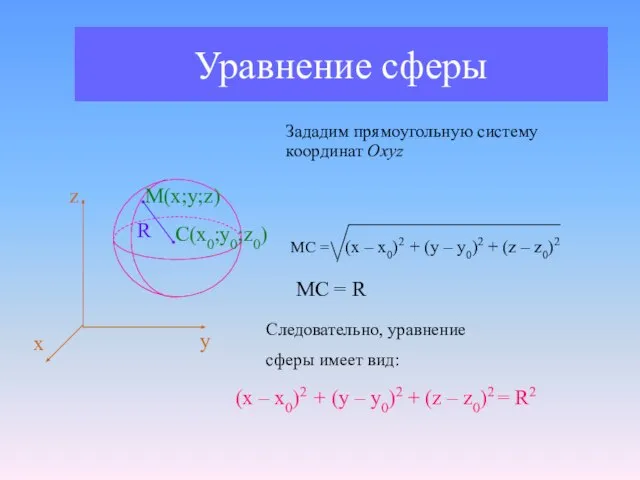 Уравнение сферы Зададим прямоугольную систему координат Оxyz z х у М(х;у;z) R