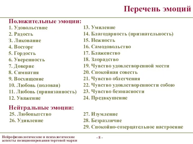 - - Перечень эмоций 1. Удовольствие 2. Радость З. Ликование 4. Восторг