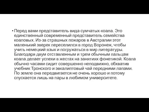 Перед вами представитель вида сумчатых-коала. Это единственный современный представитель семейства коаловых. Из-за