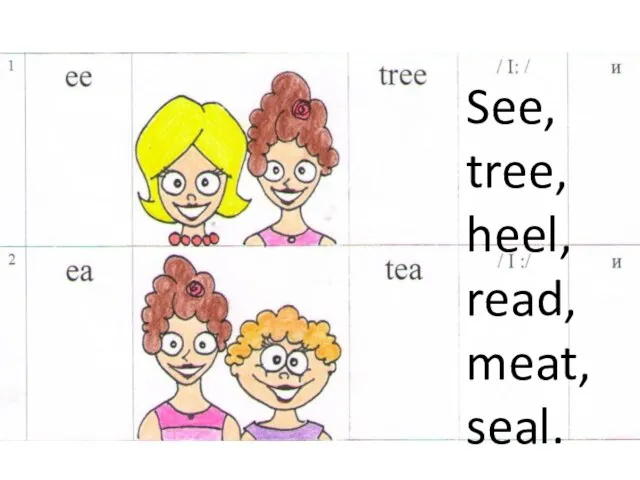 See, tree, heel, read, meat, seal.