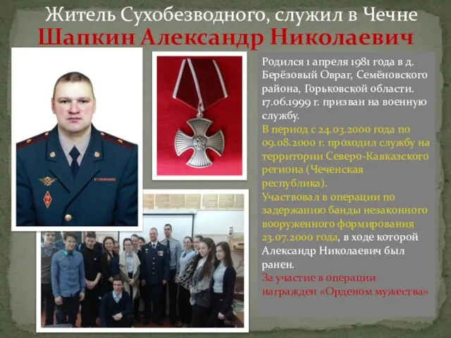 Шапкин Александр Николаевич Житель Сухобезводного, служил в Чечне Родился 1 апреля 1981