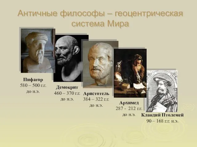 Античные философы – геоцентрическая система Мира Пифагор 580 – 500 г.г. до