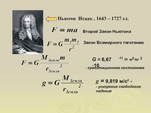 Второй Закон Ньютона Закон Всемирного тяготения G = 6,67·10 -11 Н· м