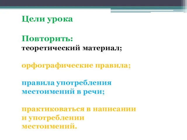 Цели урока Повторить: теоретический материал; орфографические правила; правила употребления местоимений в речи;