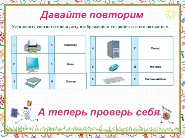 Давайте повторим Установите соответствие между изображением устройства и его названием А теперь проверь себя