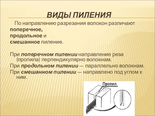 ВИДЫ ПИЛЕНИЯ По направлению разрезания волокон различают поперечное, продольное и смешанное пиление.