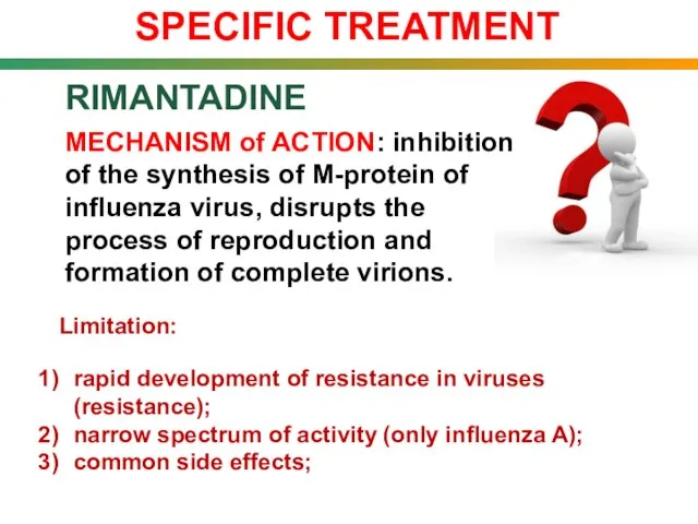 RIMANTADINE Limitation: MECHANISM of ACTION: inhibition of the synthesis of M-protein of