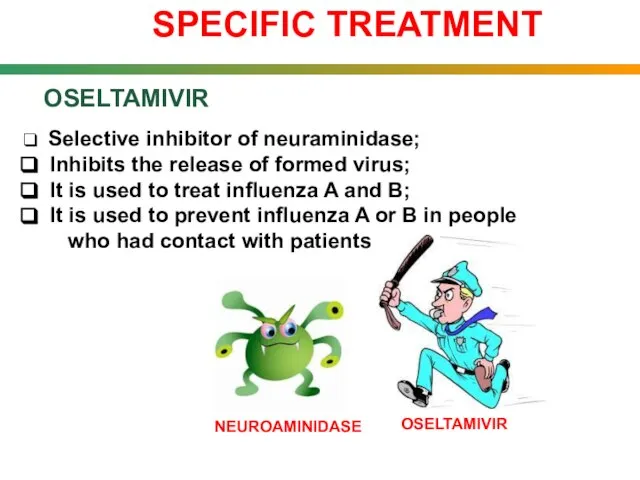 OSELTAMIVIR Selective inhibitor of neuraminidase; Inhibits the release of formed virus; It