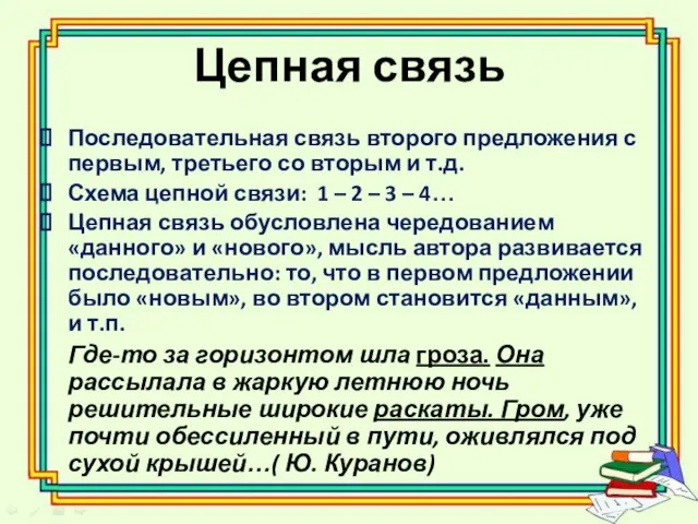 Цепная связь Последовательная связь второго предложения с первым, третьего со вторым и