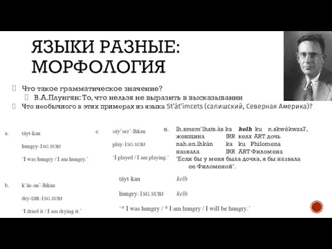 ЯЗЫКИ РАЗНЫЕ: МОРФОЛОГИЯ Что такое грамматическое значение? В.А.Плунгян: То, что нельзя не