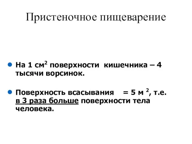 На 1 см2 поверхности кишечника – 4 тысячи ворсинок. Поверхность всасывания =