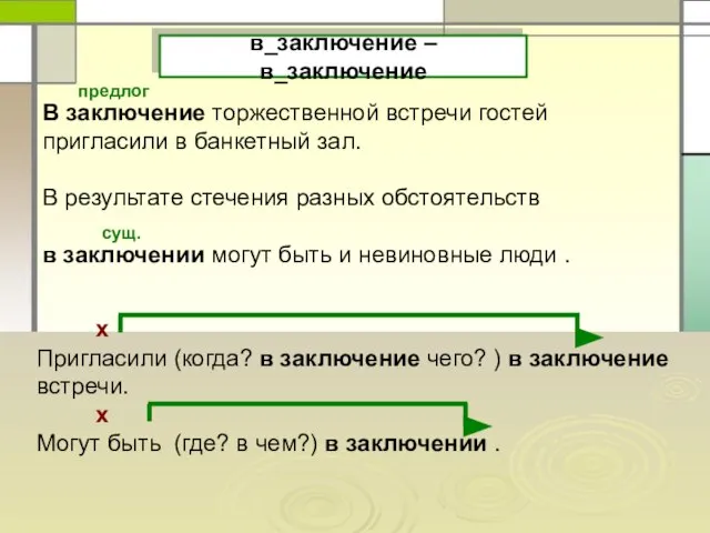 в_заключение – в_заключение В заключение торжественной встречи гостей пригласили в банкетный зал.