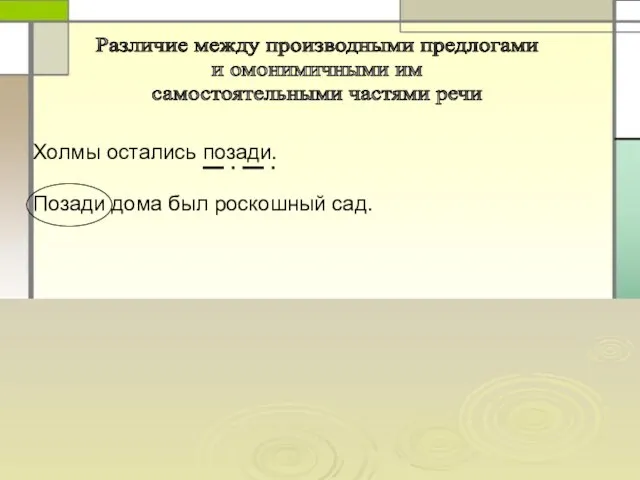 Холмы остались позади. Позади дома был роскошный сад. Различие между производными предлогами