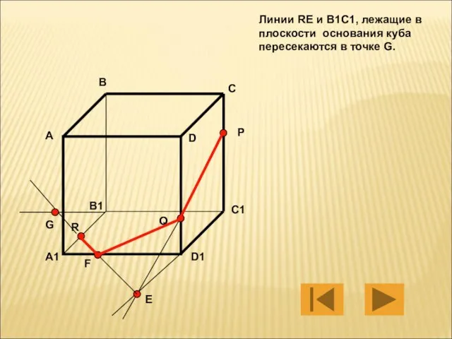Линии RE и B1C1, лежащие в плоскости основания куба пересекаются в точке